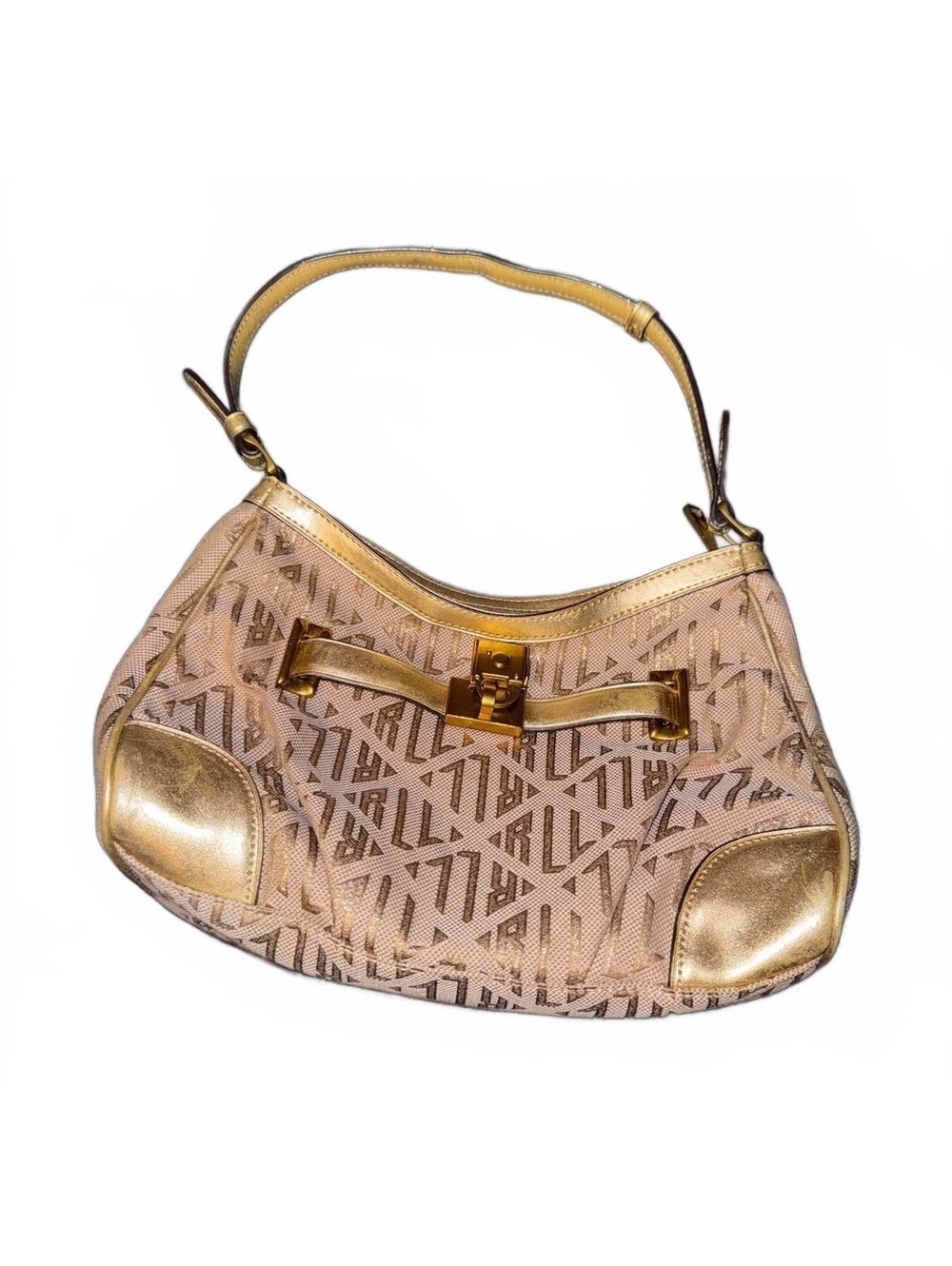Lauren Ralph Lauren Beige and Gold Monogram Shoulder Bag